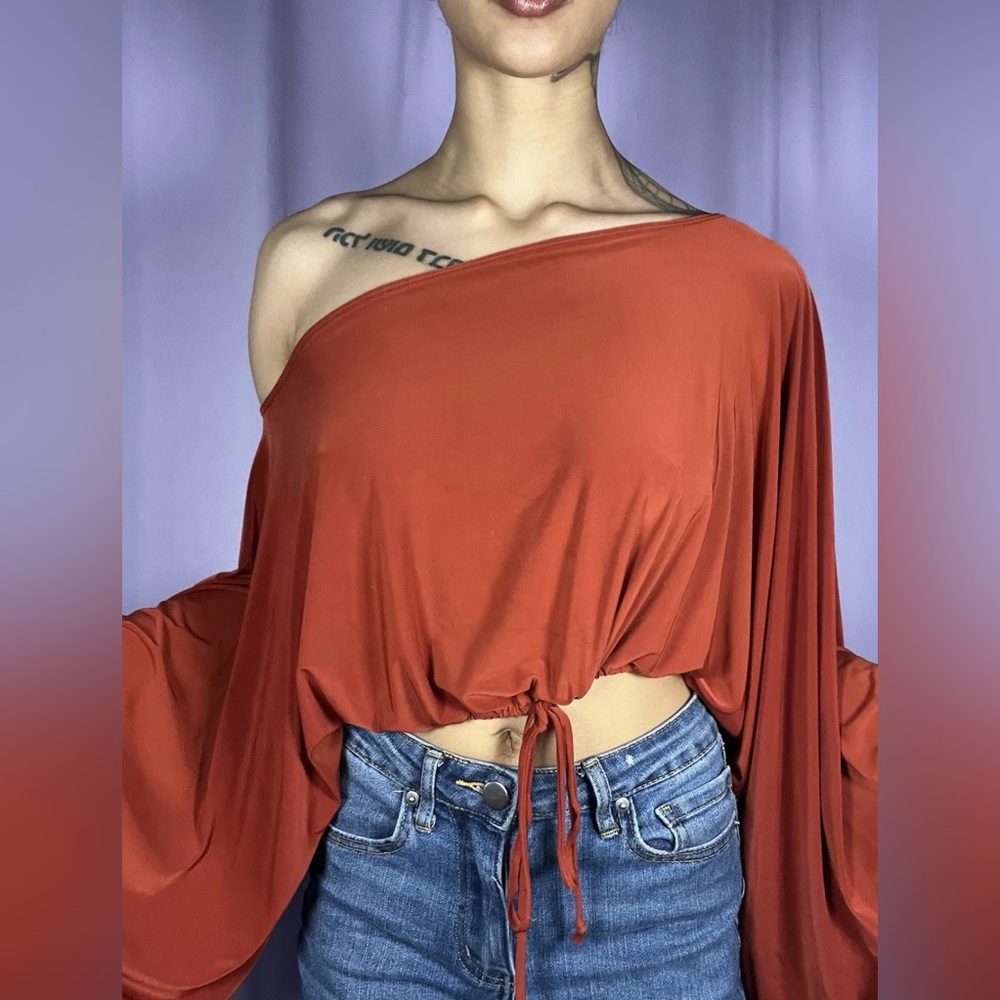Xi Copper Drawstring Crop Top Blouse Womens Size L Draped Dolman Sleeves Boho